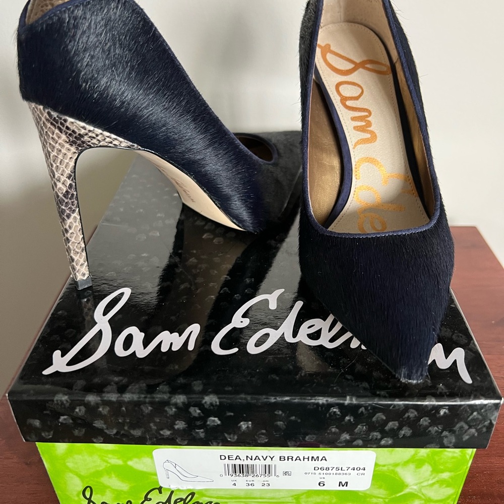 SAM EDELMAN Dea Python Navy Calf Hair Pump Heels. 4 inch stiletto heel